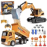 Fernbedienung Bagger und Muldenkipper Spielzeug Set - RC Baufahrzeuge mit Straßenschildern,...