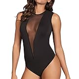 Body Damen mit Tiefer V-Ausschnitt und Netzstoff, Sexy Dessous Bodysuit ganz in Schwarz Spitze...