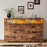 IRONCK Kommode Vintage Braun mit 6 Schubladen, Komodenschrank mit LED-Streifen und 2 Steckdosen,...