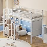 Kinderbett Etagenbett 90x200 cm, Metallbett Hochbett mit Treppe und Stauschrank, Multifunktionsbett...