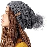 FURTALK Beaniemütze für Frauen Slouch Style Warme Wintermütze mit Kunstpelz Bommel