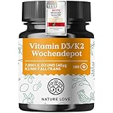 Vitamin D3 K2 Wochendepot - 180 vegane Tabletten - 7000IE D3 + 140µg K2 pro Tablette mit 99,7%...