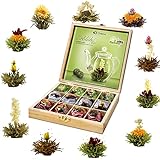 Creano Teeblumen Geschenkset in Teekiste aus Holz 12 Erblühtee in 11 Sorten weißer Tee, grüner...