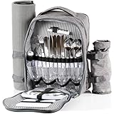 CampFeuer Picknickrucksack für 4 Personen | Grau | Picknickset 32-teilig | inkl. Flaschenhalter und...