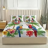 Spannbettlaken 180x200 cm - Papagei Blumen Schmetterling Gebürstete Polyester Mikrofaser...