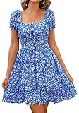 Livonmone Damen Kleid Lässig Sommerkleid Blumendruck Hohe Taille Kleider Puff Ärmel Retro Sexy...