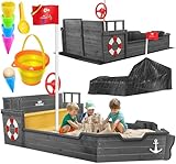 KIDIZ® Sandkasten AHOI - Piratenschiff Boot Segelschiff aus Holz Inkl. Abdeckung, Bodenplane,...