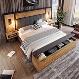 YESGIGA Doppelbett Polsterbett, Bettanlage mit Leselampe und USB C Nachttisch und Sitzbank mit...