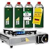 STAHLMANN Gaskocher inkl. 4 Kartuschen - Campingkocher mit Piezozündung - Camping Gaskocher...