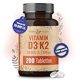 Vitamin D3 K2 Tabletten -200 Tabletten - Vitamin D Hochdosiert 20000 IE + 200µg Vitamin K2-Mk7 - D3...