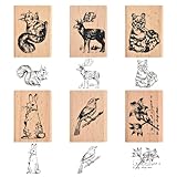 6 Stück Holz Tierstempel, Pflanze Tiere Gummistempel aus Holz, Waldtiere Stempel-Set mit Tiere und...