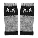Pufei Warme Damenhandschuhe mit Katzenstickerei, gestrickte fingerlose Handschuhe (schwarz)