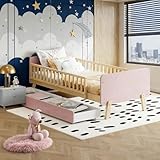 Kinderbett 90x190 cm, Einzelbett Massivholz Rosa | Mit 2 Schubladen und Lattenrost | Mit Stauraum,...