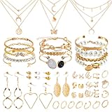 QBilooty 43 Stück Gold Schmuckset für Mädchen und Damen, mit 3 Halsketten, 12 Armbändern, 10...