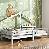 Merax Kinderbett 90x200cm mit Rausfallschutz, Kinder Hausbett mit Ablageregal, Stabiles Holz...
