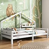 Merax Kinderbett 90x200cm mit Rausfallschutz, Kinder Hausbett mit Ablageregal, Stabiles Holz...