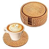 Rattan Untersetzer Set mit Halter - 6er Set Glasuntersetzer Tischuntersetzer Korkuntersetzer Rund...