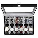 KILHS Uhrenbox Herren mit 12 Fächern, Uhrenaufbewahrung mit Glasdeckel, Uhrenkasten mit...
