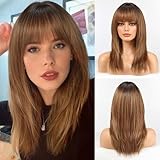 HAIRCUBE Damen Perücke Gerade Perücken für Dame Schulterlang Ombre Braun Perücke Synthetische...