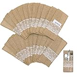 Leeyunbee 24 Stück Jute Bestecktaschen, Sackleinen Spitze Besteckbeutel Besteckhalter, Vintage Deko...