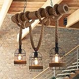 GTYUNZP Rustikal Hanfseil Eisen Leuchter Pendelleuchte Retro Vintage Seilleuchte Seil Lichter...