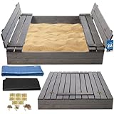 KOTARBAU® Sandkasten mit Abdeckung Sandkasten Holz 120x120 cm imprägniert mit Sitzbänken Grau...