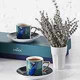Karaca Peacock Kaffeetassen Set mit Untertasse für 4 Personen, Espresso set aus Porzellan,...