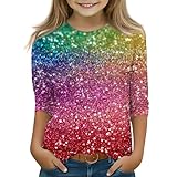 Mädchen Glitzer Gradient 3/4 Ärmel T-Shirt Rundhals Sparkly Top mit Pailletten Stil Druck Kinder...