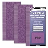 30 Blatt Premium-Schleifpapier aus weißem Korund, Körnung 80, 22,9 x 8,9 cm, robuste Nass- und...