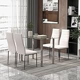 Tangkula 5-teiliges Esstisch-Set, moderne Tischplatte aus gehärtetem Glas und PVC-Lederstuhl mit 4...