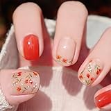 Künstliche Nägel, Orange, glitzernde Blume, 24 Stück, wiederverwendbar und flexibel