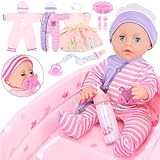 GirlDiary Realistische Mompe 12 Zoll mit Zubehör Set, 3 Kleider, Stubenwagen Bett, Fütterung...