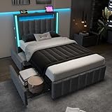 Polsterbett 90x200, LED Einzelbett mit USB Typ C Ladefunktion und 2 Schubladen, Bett Jugendbett...