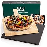 DOLCE MARE Pizzastein schwarz Inkl. Holz-Pizzaschieber - Pizza Stein aus hochwertigem Cordierit für...