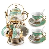 20 Stück Europäische Teetassenset,Europäisches Keramik Teetassen-Set mit Metallhalter und...