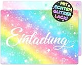 12x GLITZER Regenbogen EINLADUNGSKARTEN KINDERGEBURTSTAG Mädchen Junge - die Rainbow PARTY Karten...