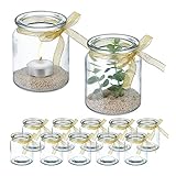 Relaxdays Windlicht, 12er Set, aus Glas, innen & außen, H x D: 9,5 x 8 cm, Teelichthalter mit...