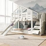 LATICO Kinderbett Etagenbett 90x200 cm für 2 Kinder, Hausbett Hochbett mit Rutsche & Treppe...