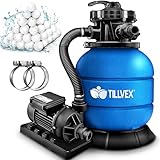 tillvex® Sandfilteranlage Pool 7.900L/h inkl. 400g Filterbälle | Filteranlage 7-Wege Ventil & 2in1...