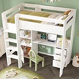 Kinderbett Hochbett mit USB-C Schreibtisch, Kleiderschrank und Aktenschrank, Jugendbett Einzelbett...
