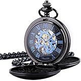 ManChDa Herren Retro Taschenuhr mit Kette Analog Handaufzug Antik Skelett Römische Ziffern Schwarz