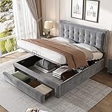 Kehun Polsterbett Doppelbett 140x200 cm, Bett mit Stauraum Kasten und Schubladen, Stauraumbett mit...