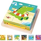 Japace Würfelpuzzle, 3D Bildwürfel Puzzle Spiele 6 in 1 Tier-Motive Holzpuzzle für Kinder ab 1 2...
