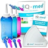 iQ-med Nasendusche 500ml + 44x Salz + 4 Aufsätze, zur Nasenreinigung (blau)