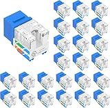 25 Stück CAT6 Keystone Jack - Modularer Crimpverbinder, UTP, 90° 110 IDC mit Kappen, Blau (RAL),...