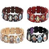 Christliches Armband Holz Holy Saints Armbänder Rosenkranz Katholisch Stretch Armreif mit Bildern...