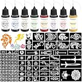 PFARRER Temporäre Kit 8 Flaschen Farbe temporäre Tinte, 105 Pcs Schablonen Kit für Farbe DIY...