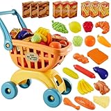 BUYGER Einkaufswagen für Kinder mit Obst Gemüse Fleisch Brot Lebensmittel Spielzueg, Supermarkt...