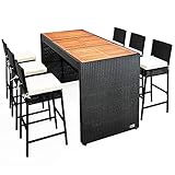 Casaria® Gartenbar Set Polyrattan 185x80x110cm Akazie Holz 7 cm Auflagen Wetterfest Outdoor Theke...