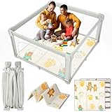 YUMBOT Laufstall Faltbar, 120x120cm Laufgitter mit Matratze, Baby Playpen mit Atmungsaktivem Netz,...